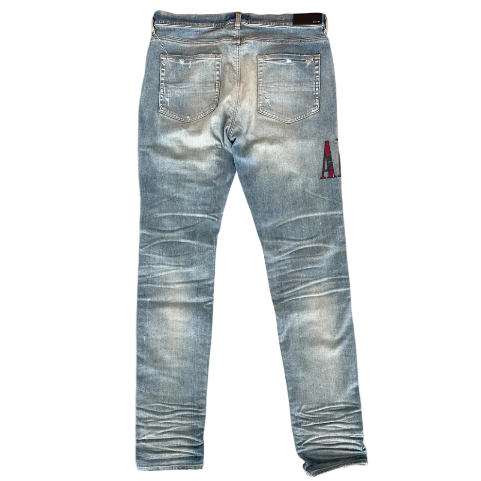Amiri Clay Indigo Red Flannel Core Applique Logo Jeans