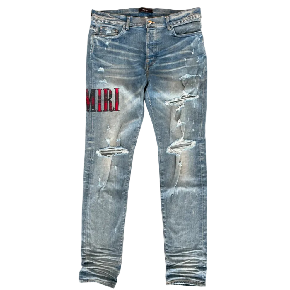 Amiri Clay Indigo Red Flannel Core Applique Logo Jeans