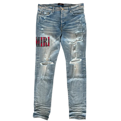 Amiri Clay Indigo Red Flannel Core Applique Logo Jeans